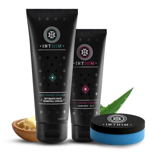 IntHim Enthaarungscreme Intimbereich Männer Doppelpack – Sanfte, gründliche Haarentfernungcreme ohne Rasur + DermaClean Pro Schwamm + Männer After Shave von IntHim