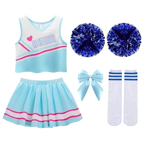 InteDesign Cheerleader Kostüm Kinder Cheerleadering Outfit Mädchen,Cheerleader Kostüm Damen,Kinder Cheer Outfit mit Pompoms Socken,für Karneval Halloween,Fasching,Mottoparty (130cm) von InteDesign