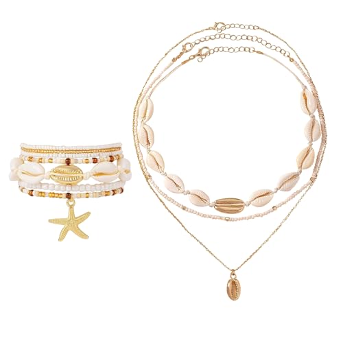 7 Stück Muschel Halskette Armband Set, Muschelkette Meerjungfrau Accessoires Damen Strand, Shell Bracelets for Women Set, für Hawaii Kostüm Accessoires, Hawaii Party Deko, Festival Zubehör von Integrity.1