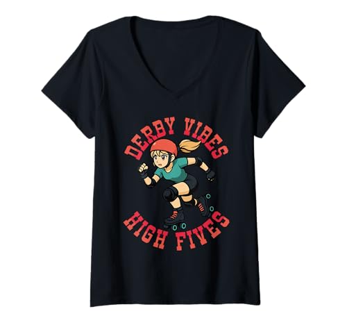 Damen Derby Vibes High Fives Roller-Derby-Team T-Shirt mit V-Ausschnitt Damen Derby Vibes High Fives Roller-Derby-Team T-Shirt mit V-Ausschnitt von Intensive Und Süße Rollschuhlauf-sprüche