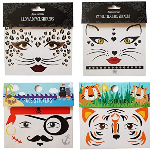 Interookie gefälschte Temp Tattoos 4 Stück Gesicht Aufkleber in 1 Paket, darunter Leopard Gesicht Aufkleber und Piraten Gesicht Aufkleber, Tiger Gesicht Aufkleber, Katze Gesicht Aufkleber von InterRookie