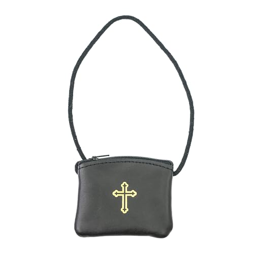 Intercession Rosenkranzbeutel aus echtem Leder, Andenken für katholische Gebets-Rosenkranz-Perlen, Schwarz/Gelb, Cross Pouch Necklace - 2in x 3in, Religiös von Intercession