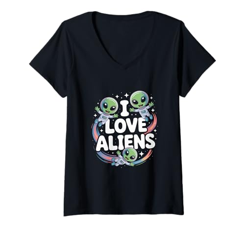 Damen Ich Liebe Aliens, niedlicher Cartoon-Spaß mit Astronauten T-Shirt mit V-Ausschnitt von Intergalactic Enthusiasts Cosmic Adventures