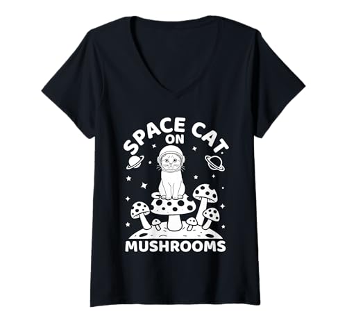 Damen Space Cat On Mushrooms Cosmic Journey T-Shirt mit V-Ausschnitt Damen Space Cat On Mushrooms Cosmic Journey T-Shirt mit V-Ausschnitt von Intergalactic Feline Mushroom Adventure