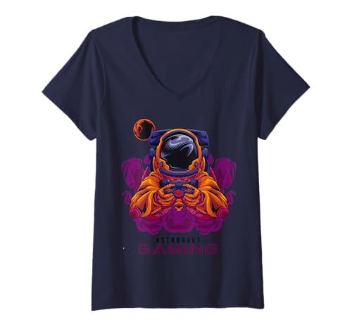 Damen Astronaut spielt mit Controller im tiefen Weltraum T-Shirt mit V-Ausschnitt Damen Astronaut spielt mit Controller im tiefen Weltraum T-Shirt mit V-Ausschnitt von Intergalaktische Arcade-Welten für Gamer-Fans