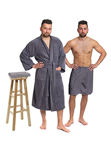 Interkontakt SET - Herren Bademantel - Model Kimono + Saunakilt + Handtuch/Dunkelgrau/XL von Interkontakt