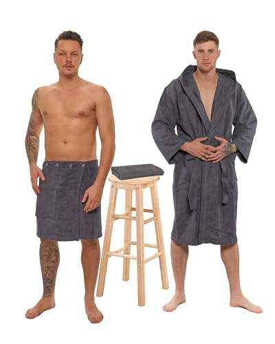 Interkontakt SET - L - Bademantel Herren Frottee mit Kapuze + Saunakilt Herren + Handtuch - 100% Baumwolle OEKO-TEX® Zertifiziert - Verfügbare Größen (S, M, L, XL, XXL) - Bademantel Set - Grau von Interkontakt