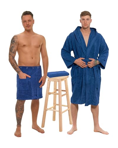 Interkontakt SET - L - Bademantel Herren Frottee mit Kapuze + Saunakilt Herren + Handtuch - 100% Baumwolle OEKO-TEX® Zertifiziert - Verfügbare Größen (S, M, L, XL, XXL) - Bademantel Set - Navy Blau von Interkontakt