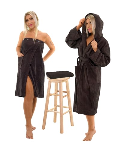 Interkontakt SET - M - Bademantel Damen Frottee mit Kapuze + Saunakilt Damen + Handtuch - 100% Baumwolle OEKO-TEX® Zertifiziert - Verfügbare Größen (S, M, L, XL, XXL) - Farbe - Black Chocolate von Interkontakt