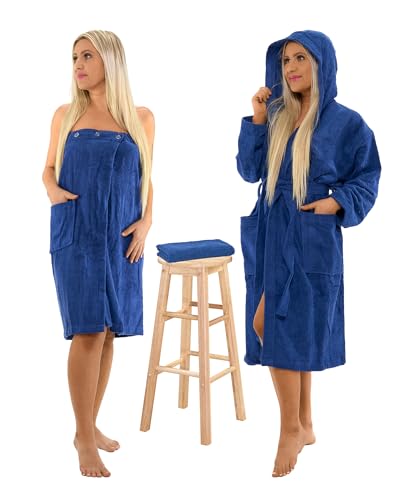 Interkontakt SET - M - Bademantel Damen Frottee mit Kapuze + Saunakilt Damen + Handtuch - 100% Baumwolle OEKO-TEX® Zertifiziert - Verfügbare Größen (S, M, L, XL, XXL) - Farbe - Navy von Interkontakt