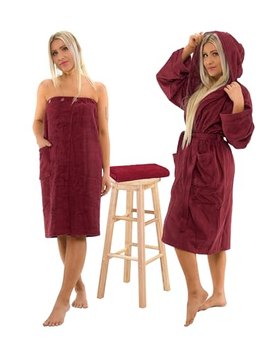 Interkontakt SET - M - Bademantel Damen Frottee mit Kapuze + Saunakilt Damen + Handtuch - 100% Baumwolle OEKO-TEX® Zertifiziert - Verfügbare Größen (S, M, L, XL, XXL) - Farbe - Rot von Interkontakt