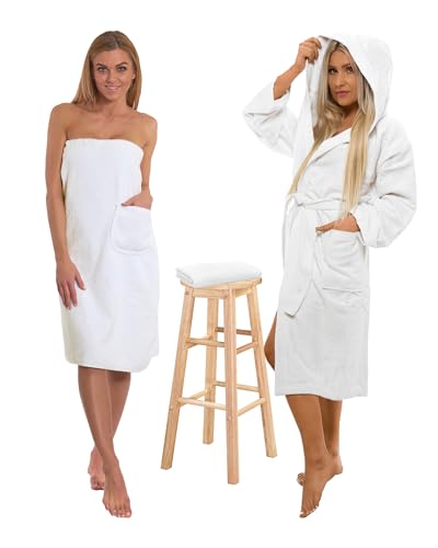 Interkontakt SET - M - Bademantel Damen Frottee mit Kapuze + Saunakilt Damen + Handtuch - 100% Baumwolle OEKO-TEX® Zertifiziert - Verfügbare Größen (S, M, L, XL, XXL) - Farbe - Weiß von Interkontakt