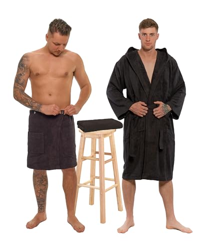 Interkontakt SET - M - Bademantel Herren Frottee mit Kapuze + Saunakilt Herren + Handtuch - 100% Baumwolle OEKO-TEX® Zertifiziert - Verfügbare Größen (S, M, L, XL, XXL) - Bademantel Set - Chocolate von Interkontakt