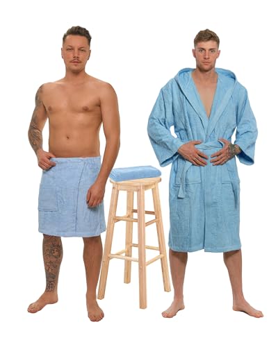 Interkontakt SET - M - Bademantel Herren Frottee mit Kapuze + Saunakilt Herren + Handtuch - 100% Baumwolle OEKO-TEX® Zertifiziert - Verfügbare Größen (S, M, L, XL, XXL) - Bademantel Set - Hellblau von Interkontakt