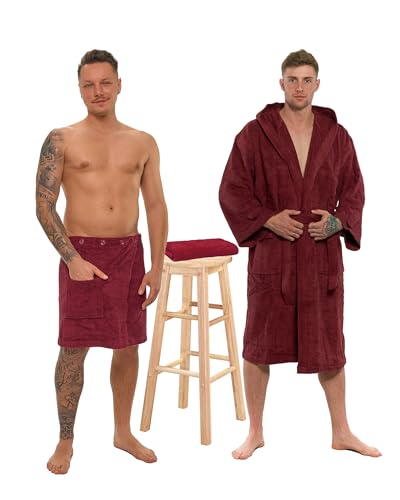 Interkontakt SET - M - Bademantel Herren Frottee mit Kapuze + Saunakilt Herren + Handtuch - 100% Baumwolle OEKO-TEX® Zertifiziert - Verfügbare Größen (S, M, L, XL, XXL) - Bademantel Set - Rot von Interkontakt