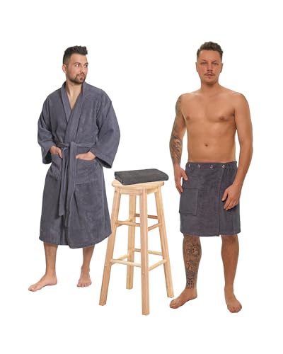 Interkontakt Set - Herren Bademantel - Model Kimono + Saunakilt + Handtuch/Dunkelgrau/L von Interkontakt