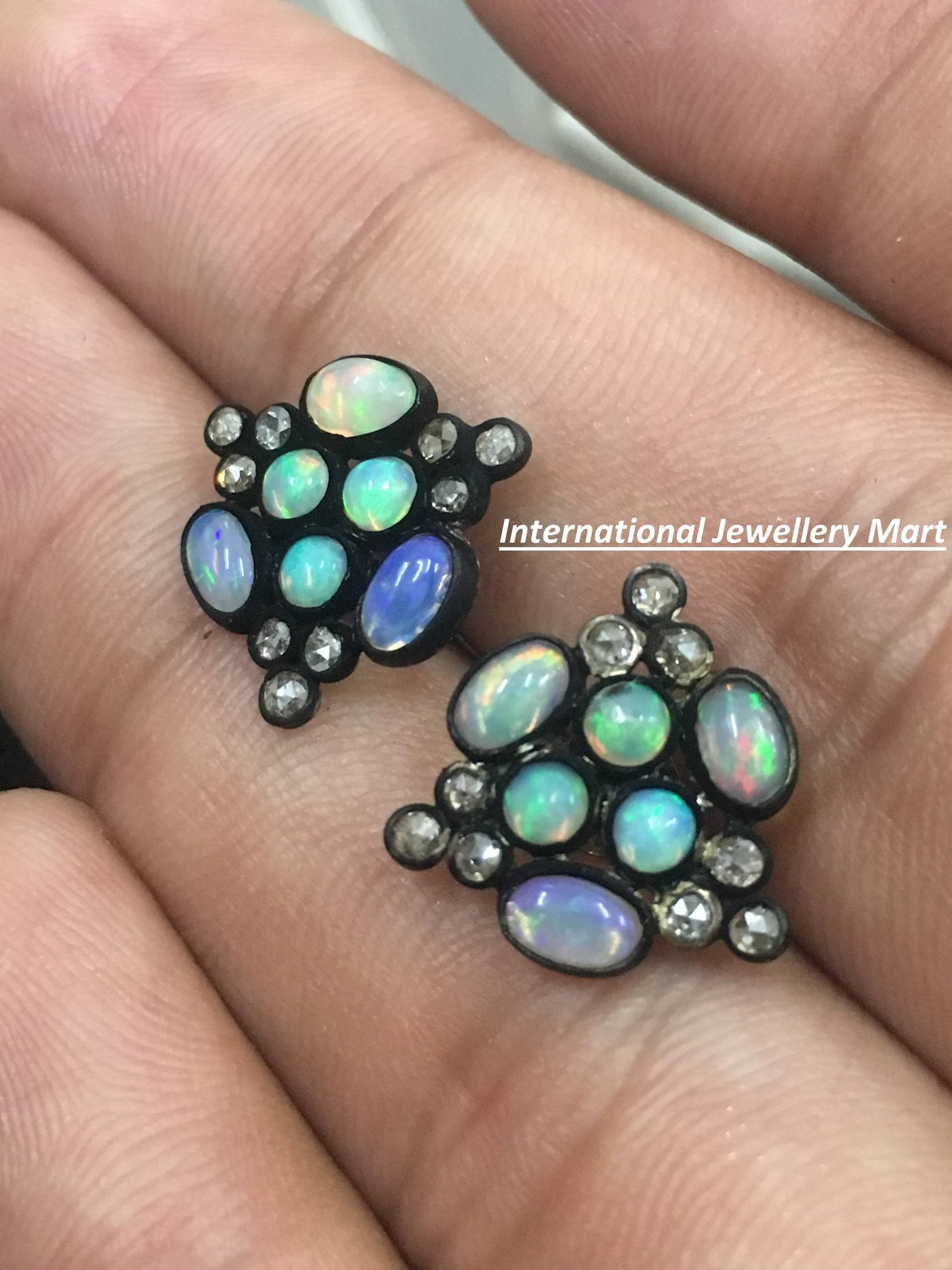 Natürliche Äthiopien Opal Ohrstecker | Diamant Schmuck Feueropal Silber Ohrringe Schwarz Oxidierter Party Geschenk Für Sie von Internationaljmart