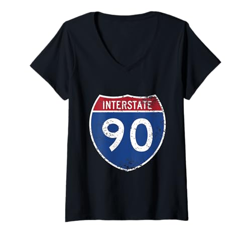 Damen Interstate 90 T-Shirt im Grunge-Look im Vintage-Look T-Shirt mit V-Ausschnitt von Interstate Highway Tee Shirts