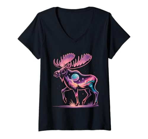 Damen Elch Galaxy Animal Fantasy T-Shirt mit V-Ausschnitt Damen Elch Galaxy Animal Fantasy T-Shirt mit V-Ausschnitt von Interstellar Wildlife