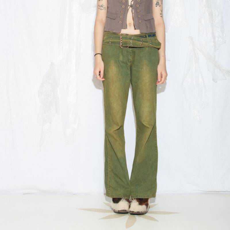Reworked Vintage Y2K Flare Jeans in Grün - 2000S Upcycled Low Rise Denim Hose Überfärbte Whimsigoth Style Size L von InterzoneVntg