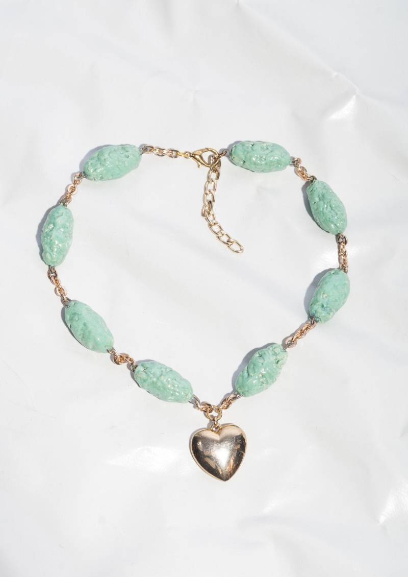 Überarbeitete Herz Halskette 80Er Jahre Vintage Keramik Bead Handmade Y2K Gold Anhänger von InterzoneVntg