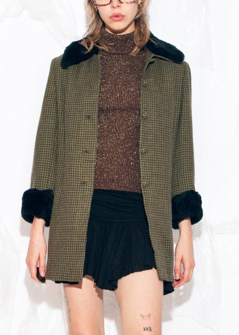 Vintage 60Er Winter Mantel in Grüner Wolle - Jahre Adretter Hahnentritt Karo Blazer Jacke Size M von InterzoneVntg