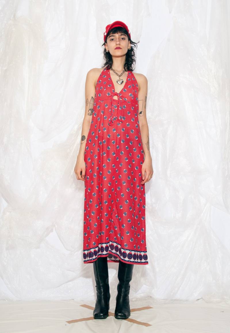 Vintage 70Er Jahre Ladybug Slip Kleid in Retro Rot Style Maxi Sommer Medium von InterzoneVntg