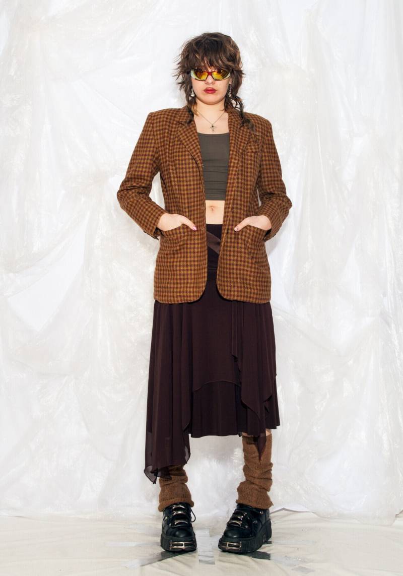 Vintage 80Er Oversized Blazer in Grunge Karierter Braun Wolle 1980Er Slouchy Grandpa Jacket Dark Academia Coat Large von InterzoneVntg