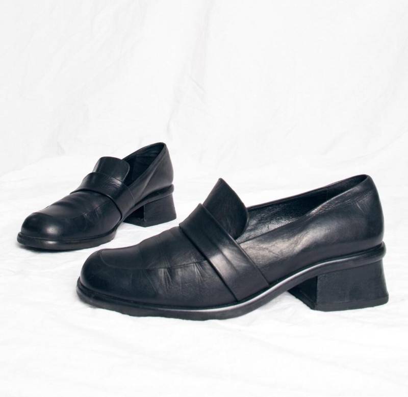 Vintage 90Er Jahre Jil Sander Leder Loafer in Schwarz - Adretter Stil Schuhe Mit Blockabsatz Größe 36, 5 von InterzoneVntg