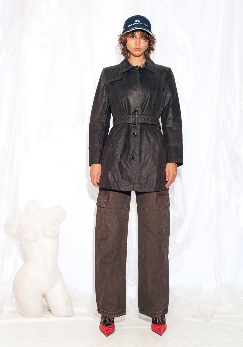 Vintage 90Er Jahre Leder Trenchcoat in Braun 1990Er Y2K Tie Jacket Belted Coat Large von InterzoneVntg