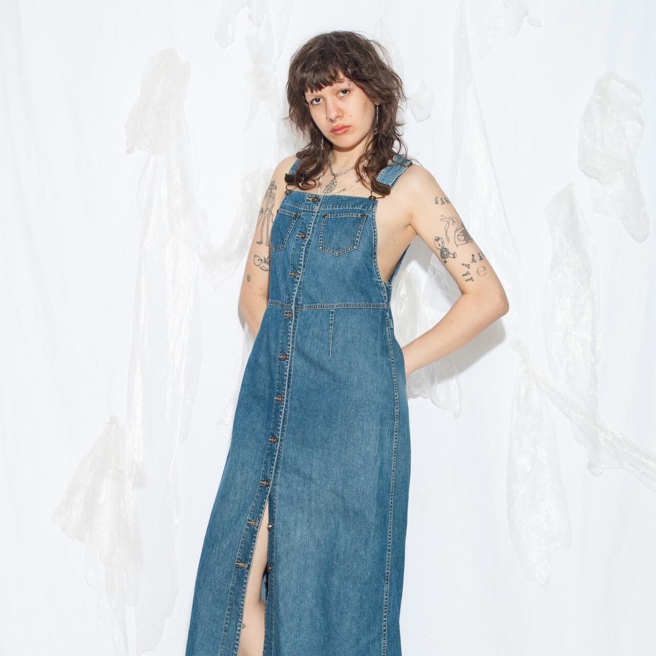 Vintage 90Er Jahre Liz Claiborner Denim Maxi Kleid in Blau - Gr. M Grunge Button Front Trägerkleid von InterzoneVntg