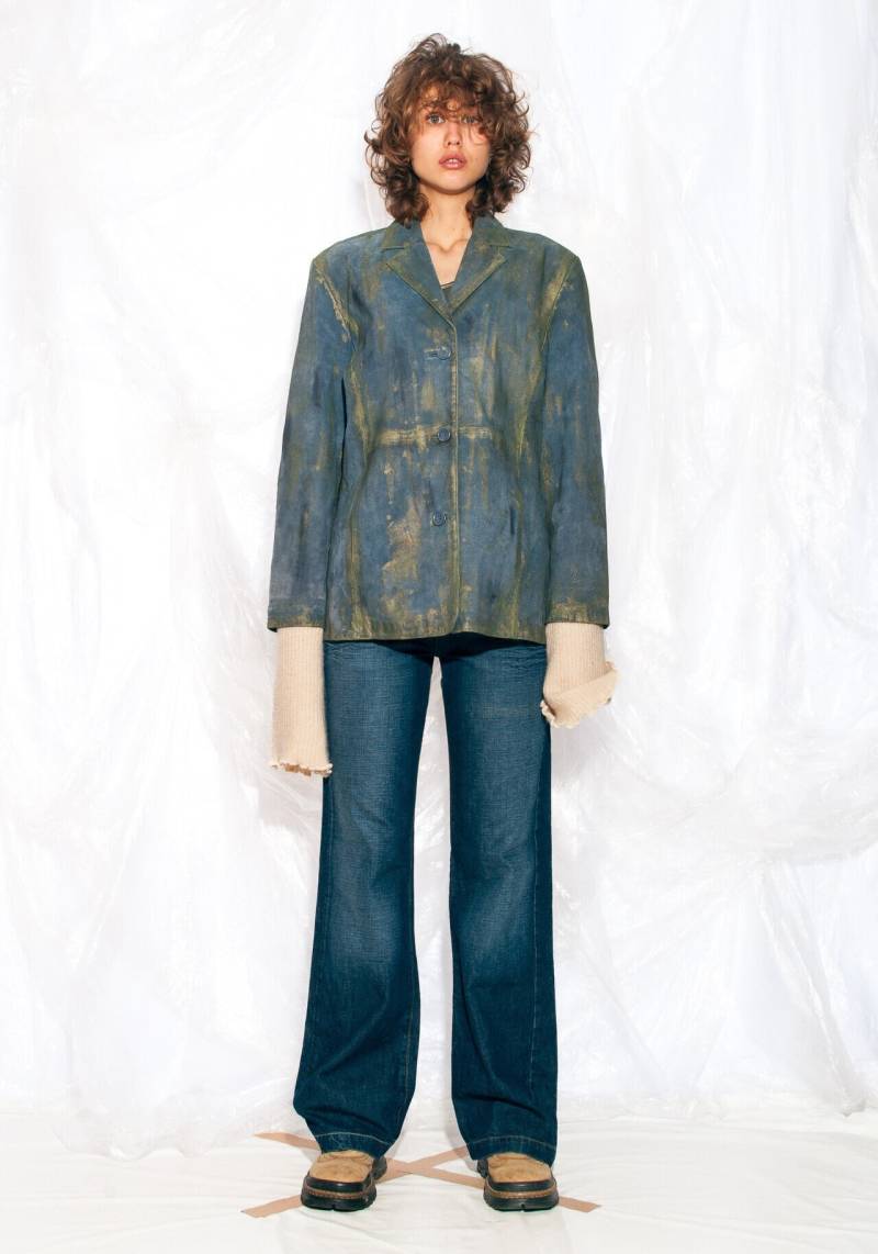 Vintage 90Er Jahre Überarbeitete Lederjacke in Blau Handbemalte Y2K Grunge Mantel Mittelgroß von InterzoneVntg
