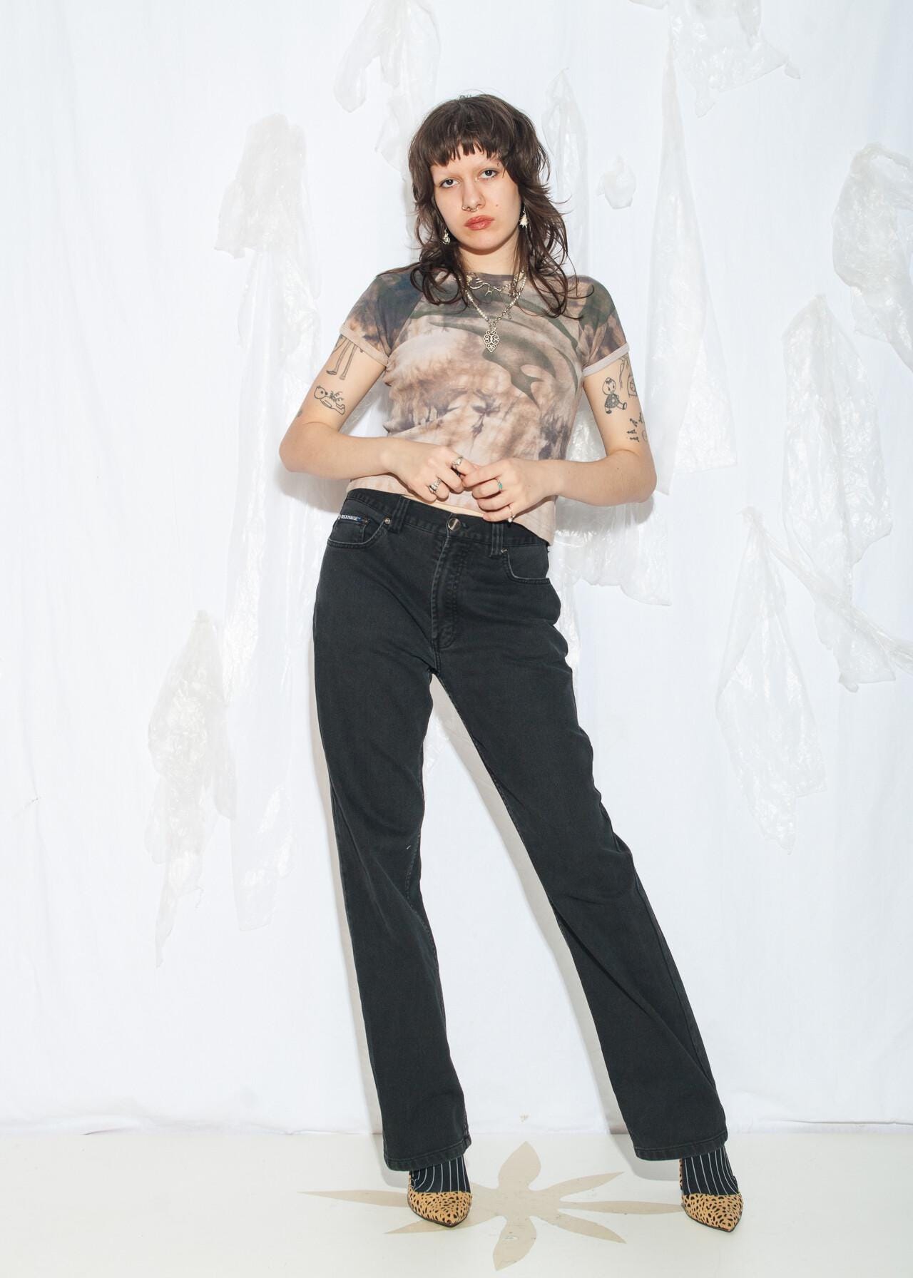 Vintage 90S Boyfriend Jeans in Faded Black - Grunge Denim Hose Y2K Style Gerippte Size L von InterzoneVntg
