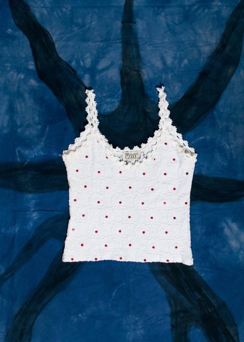 Vintage 90S Top in Weiß Von Material Girl - 1990S Coquette Style Singlet Mit Strasssteinen Size M von InterzoneVntg