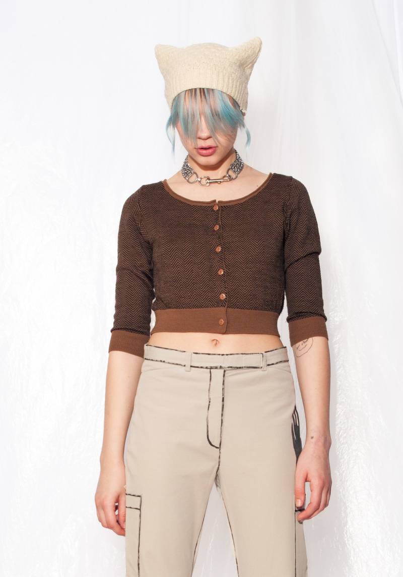 Vintage Adolfo Dominguez Crop Cardigan Y2K Preppy Top 2000Er Jahre Weiches Kurz Longsleeve Cardi Grösse S von InterzoneVntg