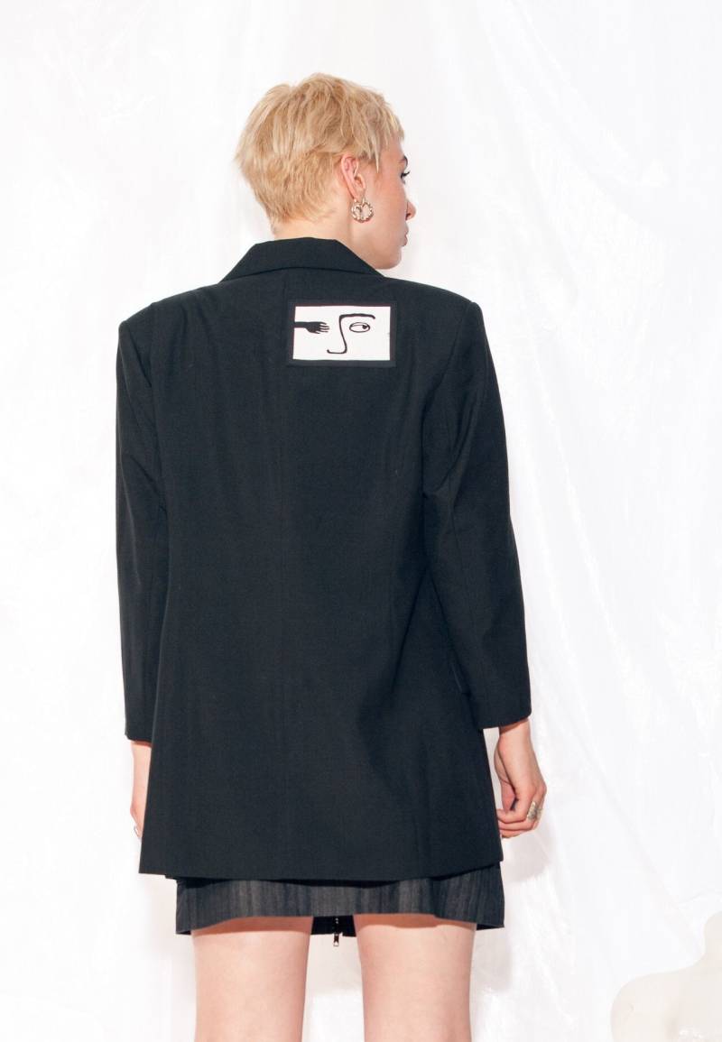 Vintage Blazer 80Er Jahre Überarbeitet Weird Face Grafik Patch Jacke in Schwarz 1980Er Oversized Boxy Fit Dark Academia Mantel Large Medium von InterzoneVntg