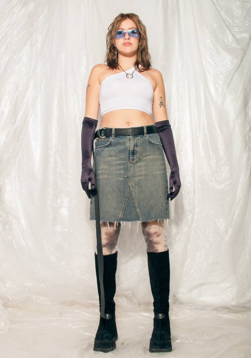 Vintage Calvin Klein Jeansrock 90Er Rave Midi in Blau Y2K 2000Er Jahre Fransen Rock Mit Rohem Saum Gr. L von InterzoneVntg