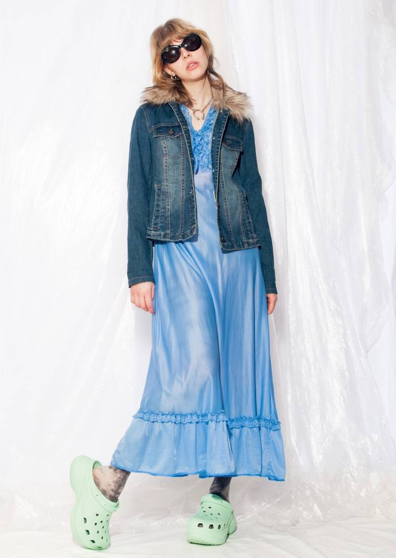 Vintage Dnim Jacke Y2K Kunstpelzkragen in Blau 2000S Rave Fairycore Grunge Punk Coatie Größe S M von InterzoneVntg
