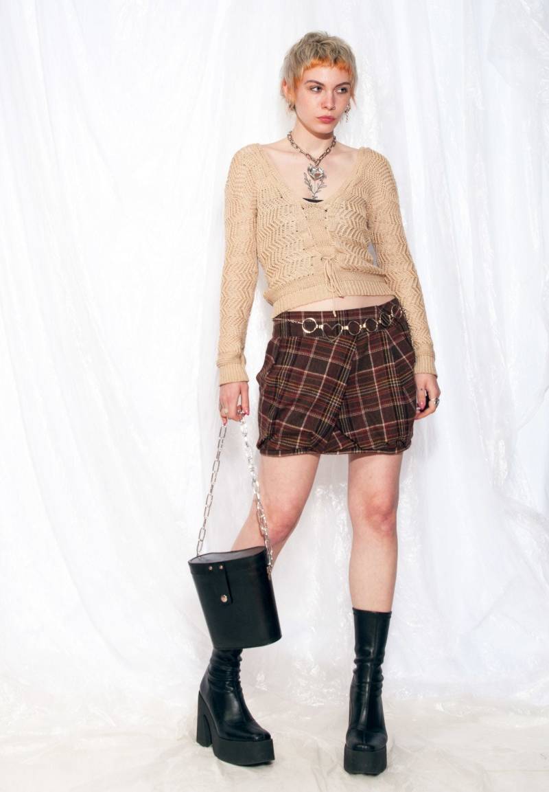 Vintage Fallschirm Rock Y2K Grunge Karierter Mini in Braun 2000Er Jahre Preppy Punk Wollrock M Medium von InterzoneVntg