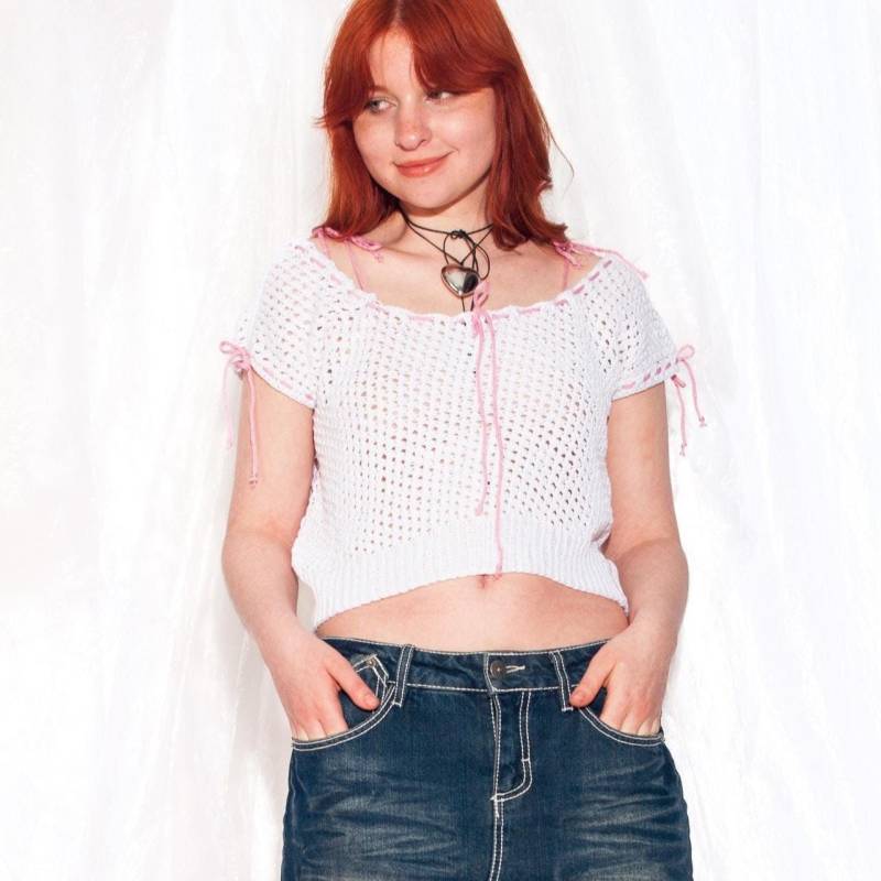 Vintage Häkeltop 90Er Jahre Handgemacht Rosa Schleife Top 1990S Y2K Fairycore Crop Medium von InterzoneVntg