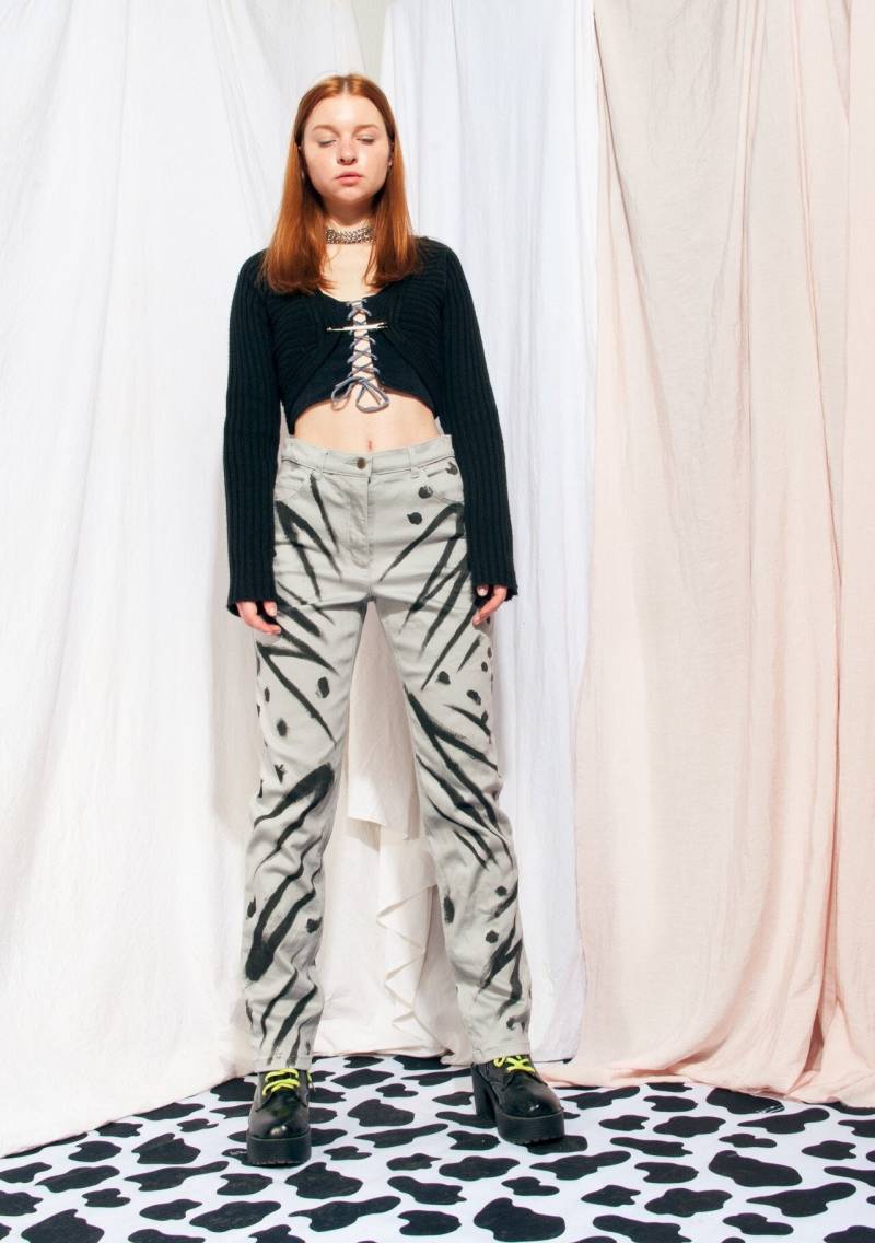 Vintage Jeans 90Er Überarbeitet Handbemalte Graue Gerade Hose 1990Er Grunge Rave Zick-Zack Upcycled Denim Hoch Taillierte von InterzoneVntg