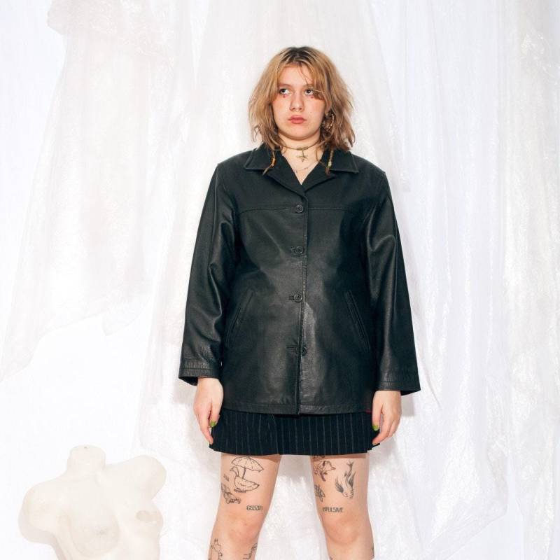 Vintage Lederjacke 90Er Jahre Matrix Mantel in Schwarz Y2K Grunge Minimalist Echtleder Groß von InterzoneVntg