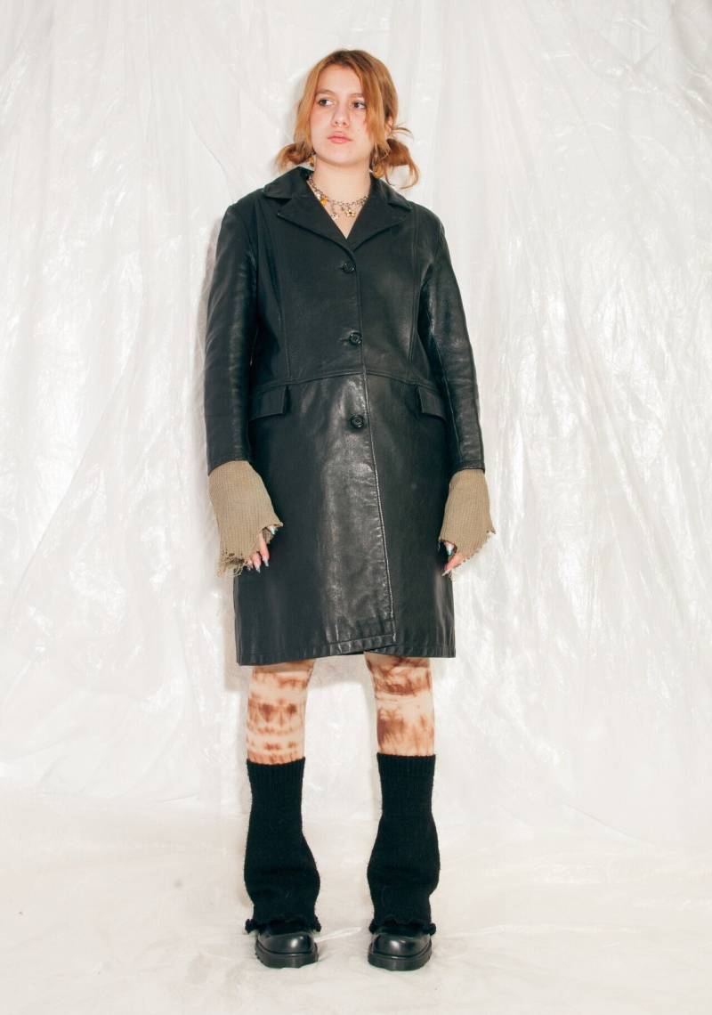 Vintage Lederjacke Y2K Matrix Maxi Mantel in Schwarz 2000S Minimalist Preppy Grunge Overcoat Size Xl von InterzoneVntg