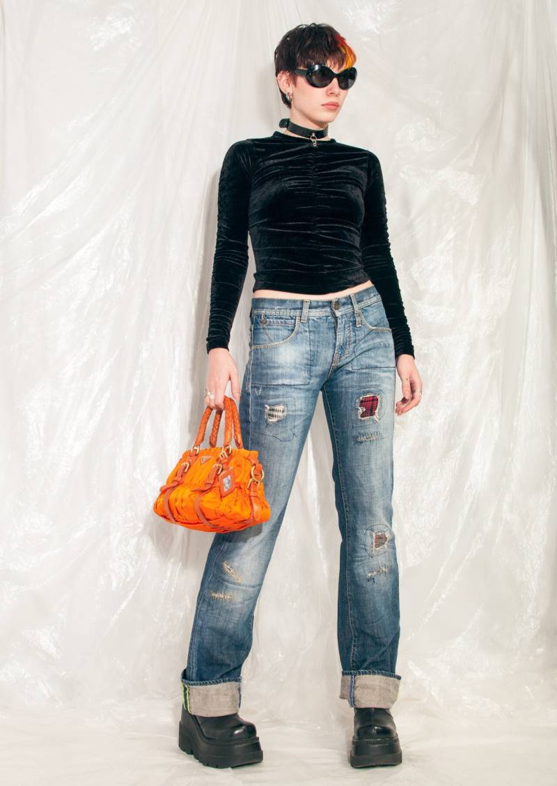 Vintage Miss Sixty Jeans Y2K Patched Flare Hose 2000S Rave Bootcut Flares Größe S 28 von InterzoneVntg