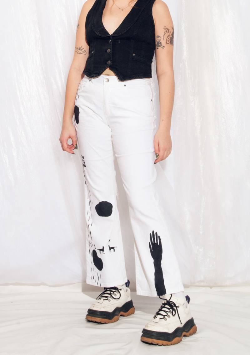 Vintage Schlagjeans Y2K Überarbeitete Handbemalte Hose in Weiß 2000S Upcycled One-Off Denim Size L von InterzoneVntg