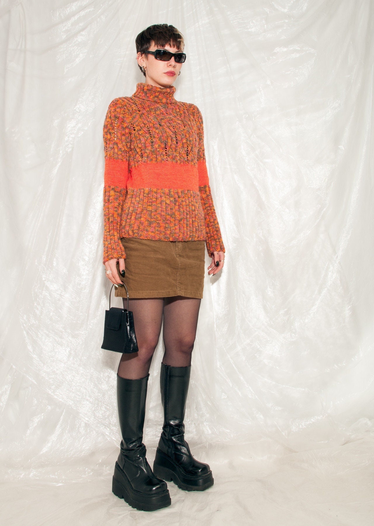 Vintage Strickpullover 90Er Jahre Handmade Ugly Sweater in Orange 1990Er Preppy Rave Rollkragenpullover von InterzoneVntg