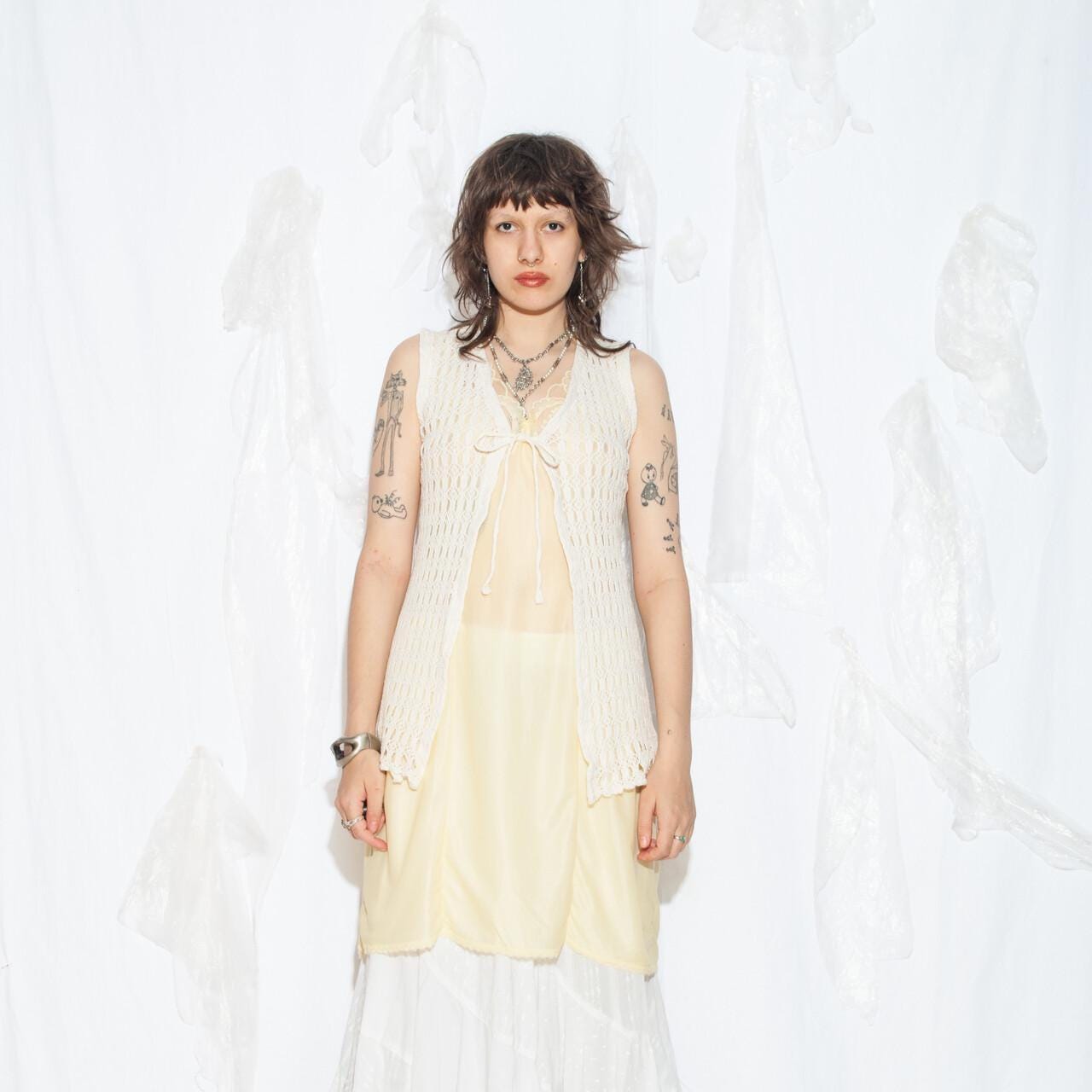 Vintage Y2K Beige Spitze Häkelweste - 2000Er Jahre Grunge Front Bow Weste Top von InterzoneVntg