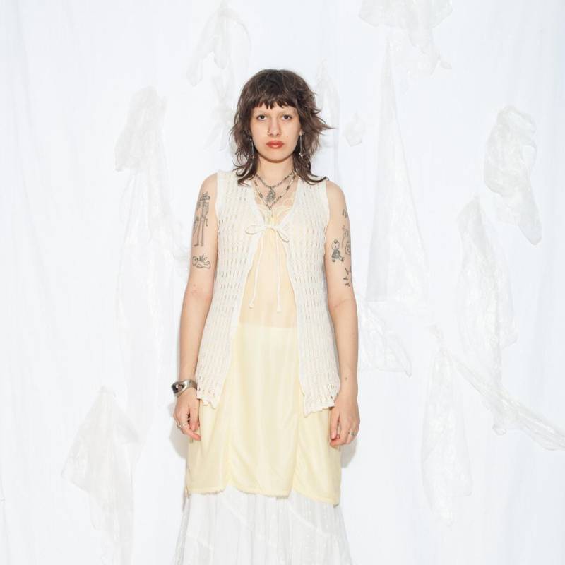 Vintage Y2K Beige Spitze Häkelweste - 2000Er Jahre Grunge Front Bow Weste Top von InterzoneVntg