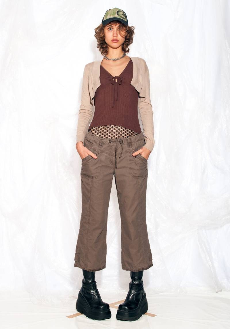 Vintage Y2K Bolero Crop Cardigan in Beige 2000Er Jahre Preppy Langarm Stricktop Medium von InterzoneVntg