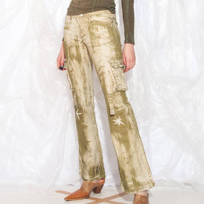 Vintage Y2K Cargo Schlaghose in Beige Und Grün Reworked 2000S Handbemalte Stern Hose Fairycore Grunge S von InterzoneVntg